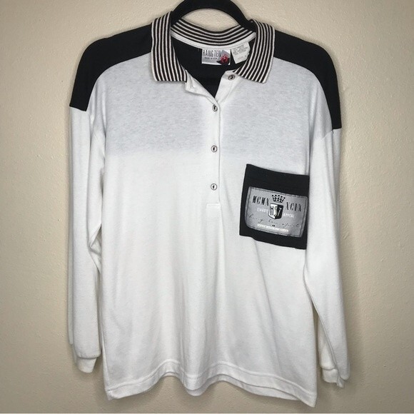 Vintage Hang Ten Long Sleeve Polo Style Black White Pullover Surf Skate Small - Picture 10 of 11